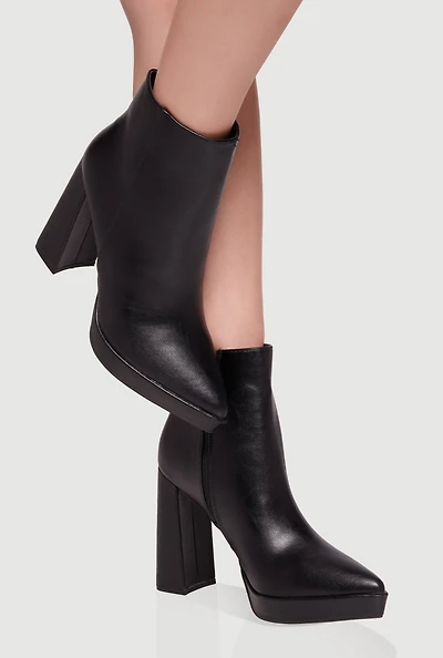 Womens Side Zip Pointy Toe Block Heel Booties,