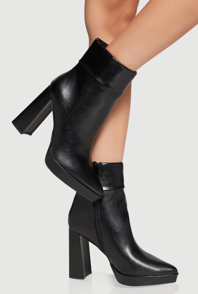 Womens Fixed Cuff Detail Pointed Toe Block Heel Booties,