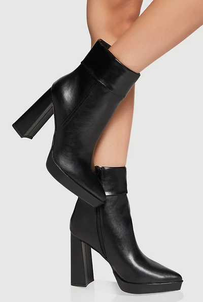 Womens Fixed Cuff Detail Pointed Toe Block Heel Booties,