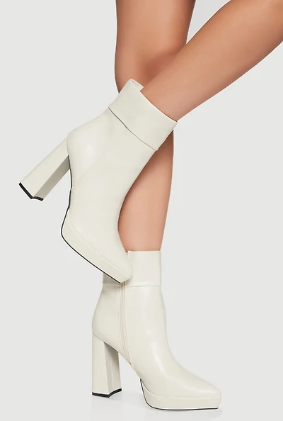 Womens Fixed Cuff Detail Pointed Toe Block Heel Booties, White,