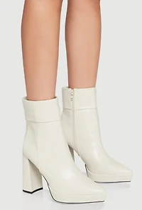 Womens Fixed Cuff Detail Pointed Toe Block Heel Booties, White,