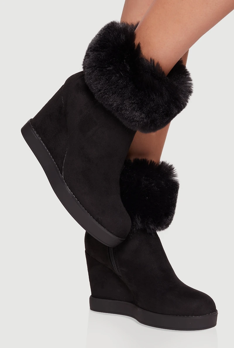 Womens Faux Fur Cuff Almond Toe Wedge Booties, Black, Size 7