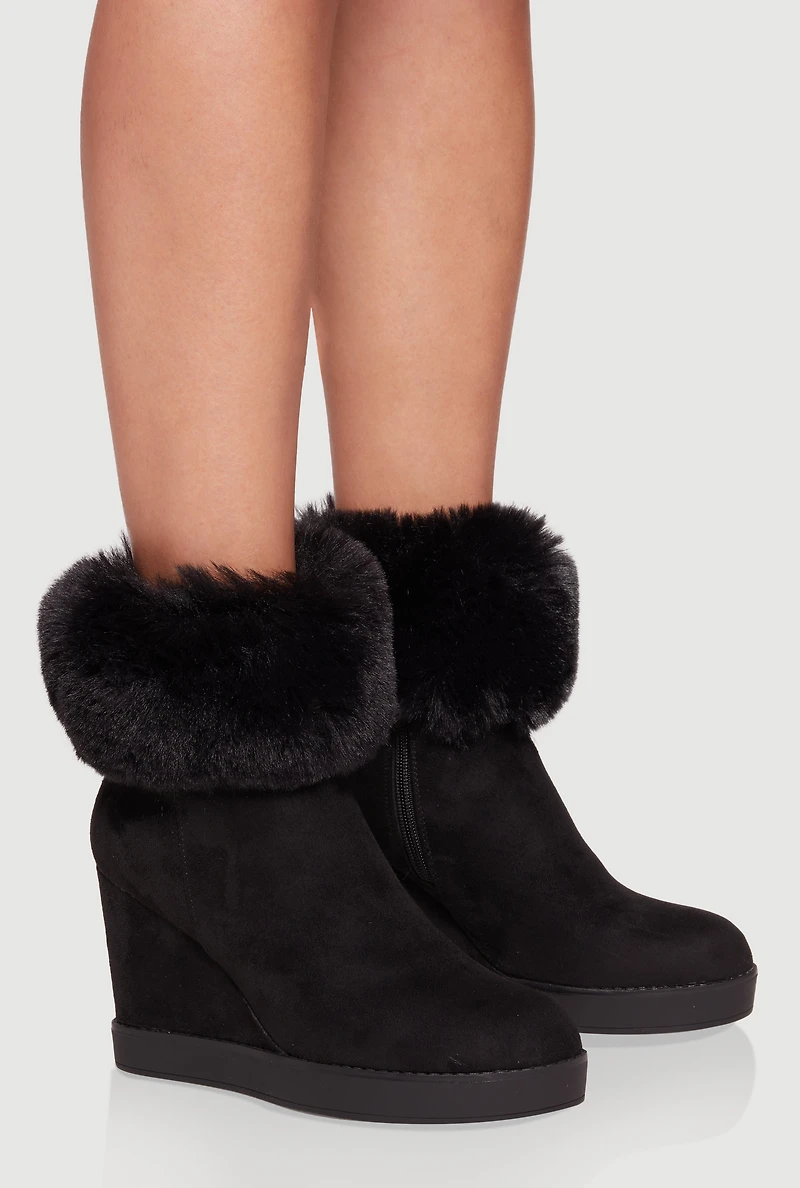 Womens Faux Fur Cuff Almond Toe Wedge Booties, Black,