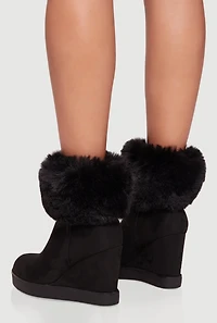 Womens Faux Fur Cuff Almond Toe Wedge Booties, Black,