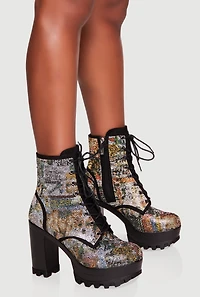 Rhinestone Patterned Lug Sole Platform Booties