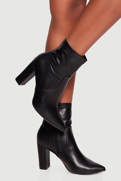 Pointy Toe Block Heel Faux Leather Ankle Booties