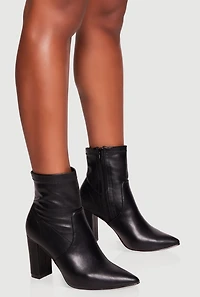 Pointy Toe Block Heel Faux Leather Ankle Booties