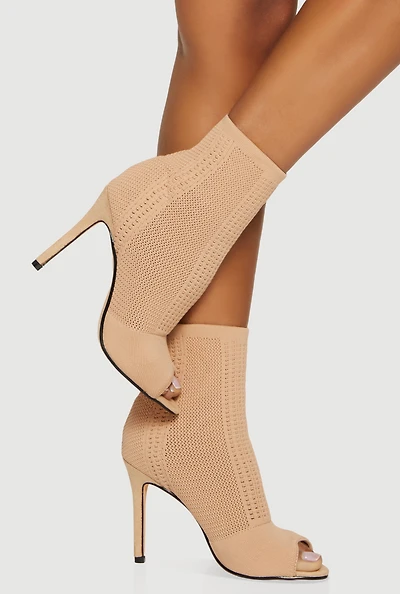 Womens Knit Peep Toe Stiletto Heel Booties, Beige, Size 7