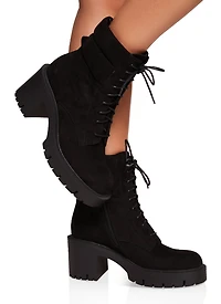 Lace Up Lug Sole Chunky Heel Combat Boots