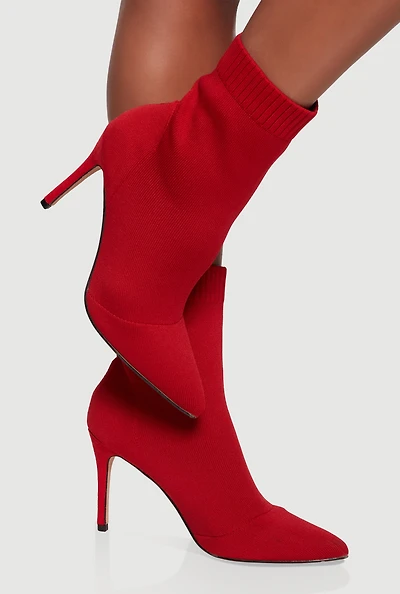 Womens Pointed Toe High Heel Stiletto Sock Booties, Red,