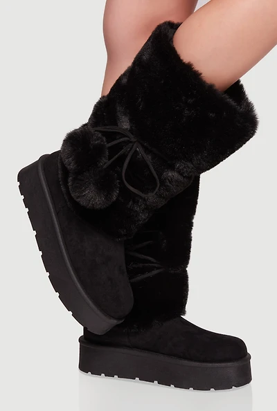 Womens Faux Fur Cuff Lace Up Platform Boots with Pom Poms, Black, Size 6