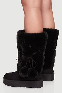 Womens Faux Fur Cuff Lace Up Platform Boots with Pom Poms, Black, Size 7