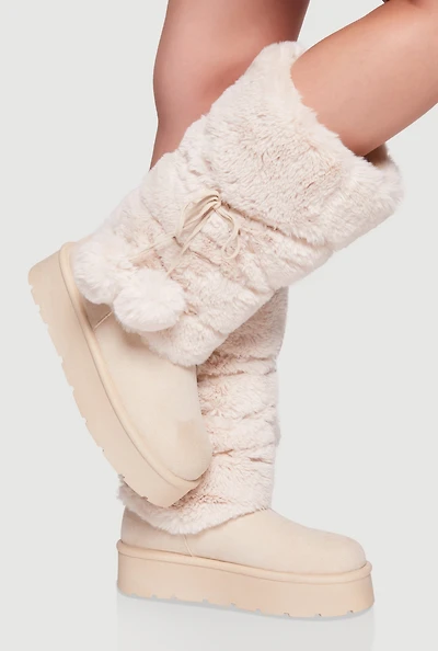 Womens Faux Fur Cuff Lace Up Platform Boots with Pom Poms,
