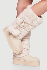 Womens Faux Fur Cuff Lace Up Platform Boots with Pom Poms, 7