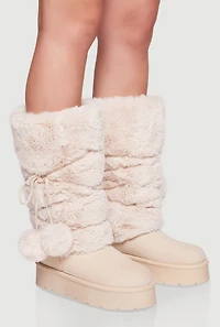 Womens Faux Fur Cuff Lace Up Platform Boots with Pom Poms,