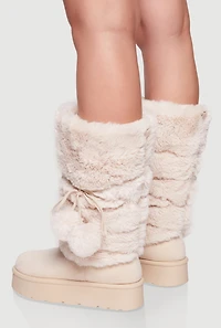 Womens Faux Fur Cuff Lace Up Platform Boots with Pom Poms, 7