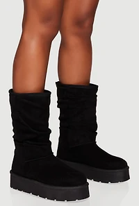Faux Fur Lined Round Toe Platform Slouch Boots