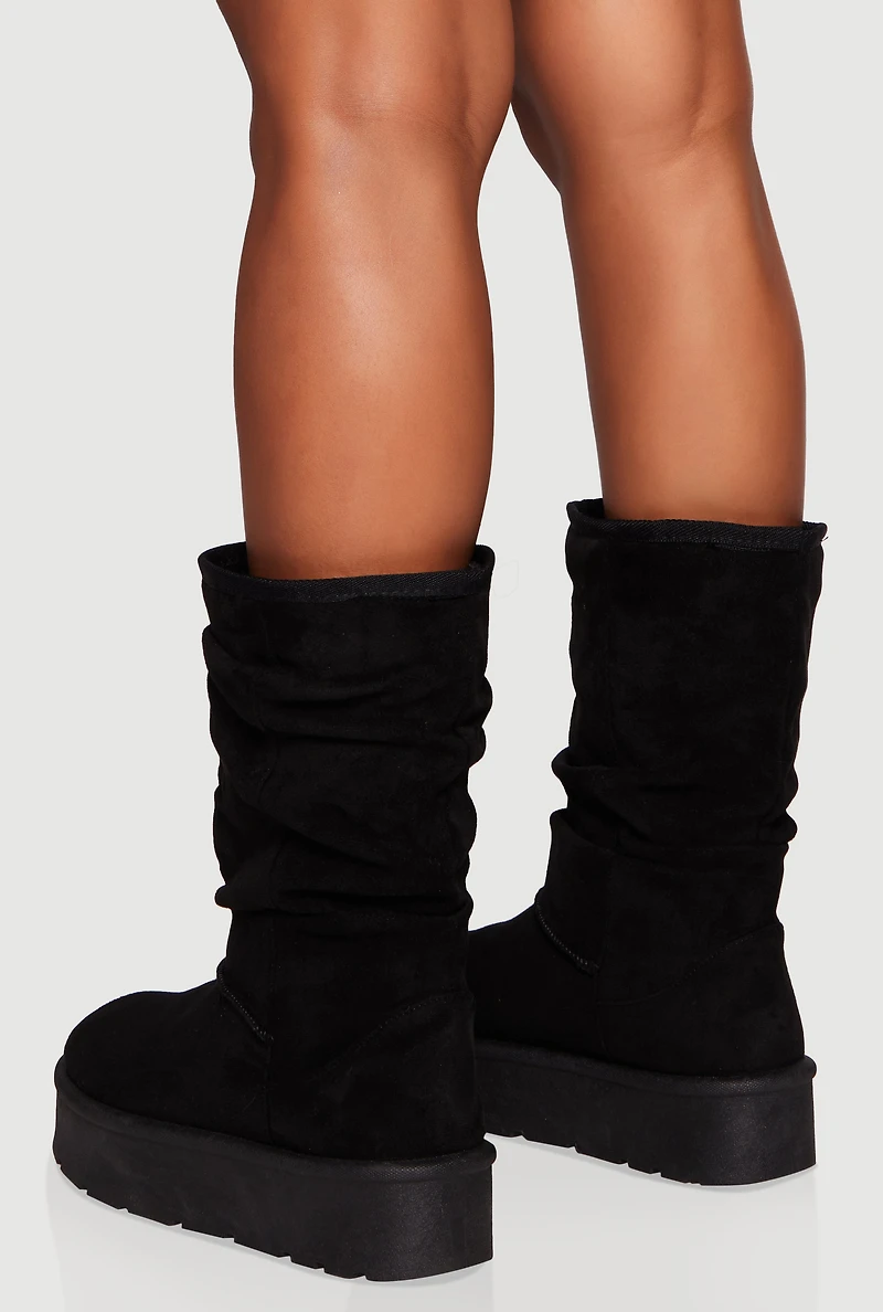 Womens Faux Fur Lined Round Toe Platform Slouch Boots, Black,