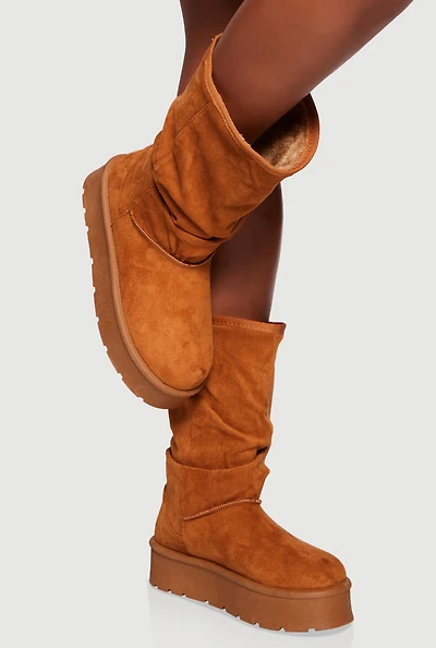 Womens Faux Fur Lined Round Toe Platform Slouch Boots, Brown, Size 7