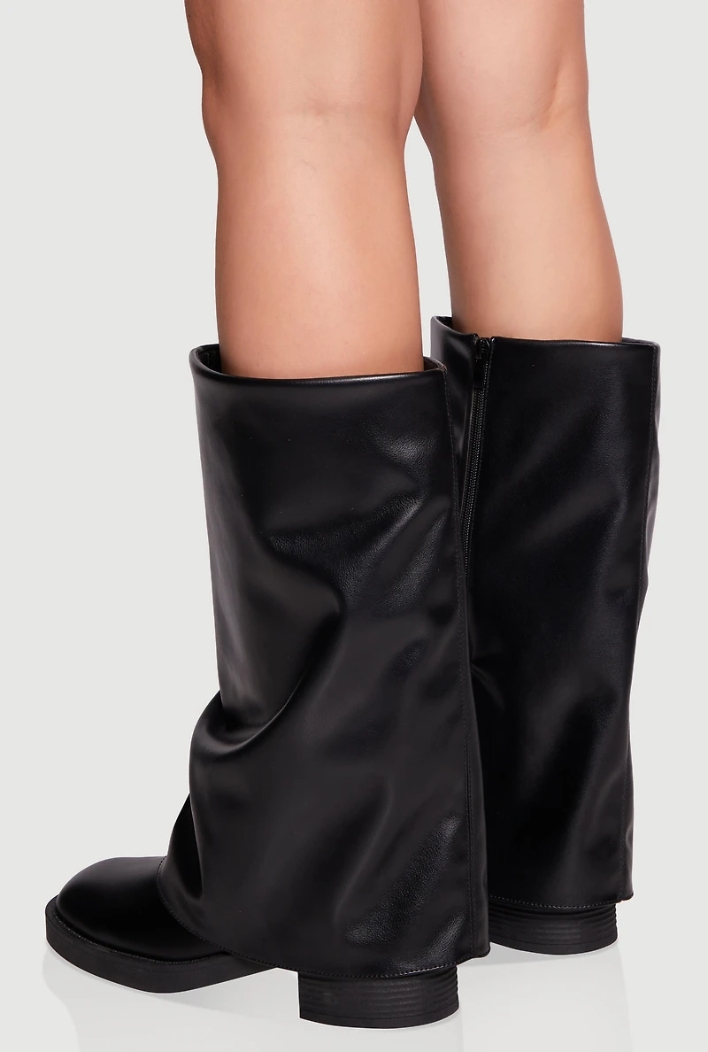 Womens Mid Calf Block Heel Fold Over Boots,