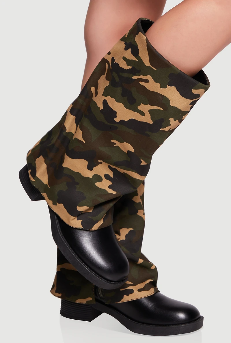 Mid Calf Block Heel Fold Over Boots