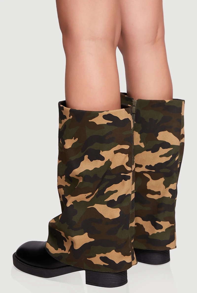 Mid Calf Block Heel Fold Over Boots