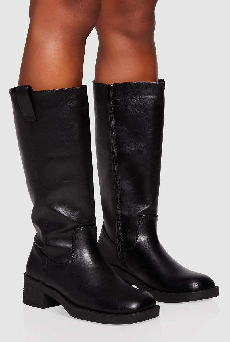 Womens Side Pull Tab Square Toe Block Heel Tall Boots, Black,