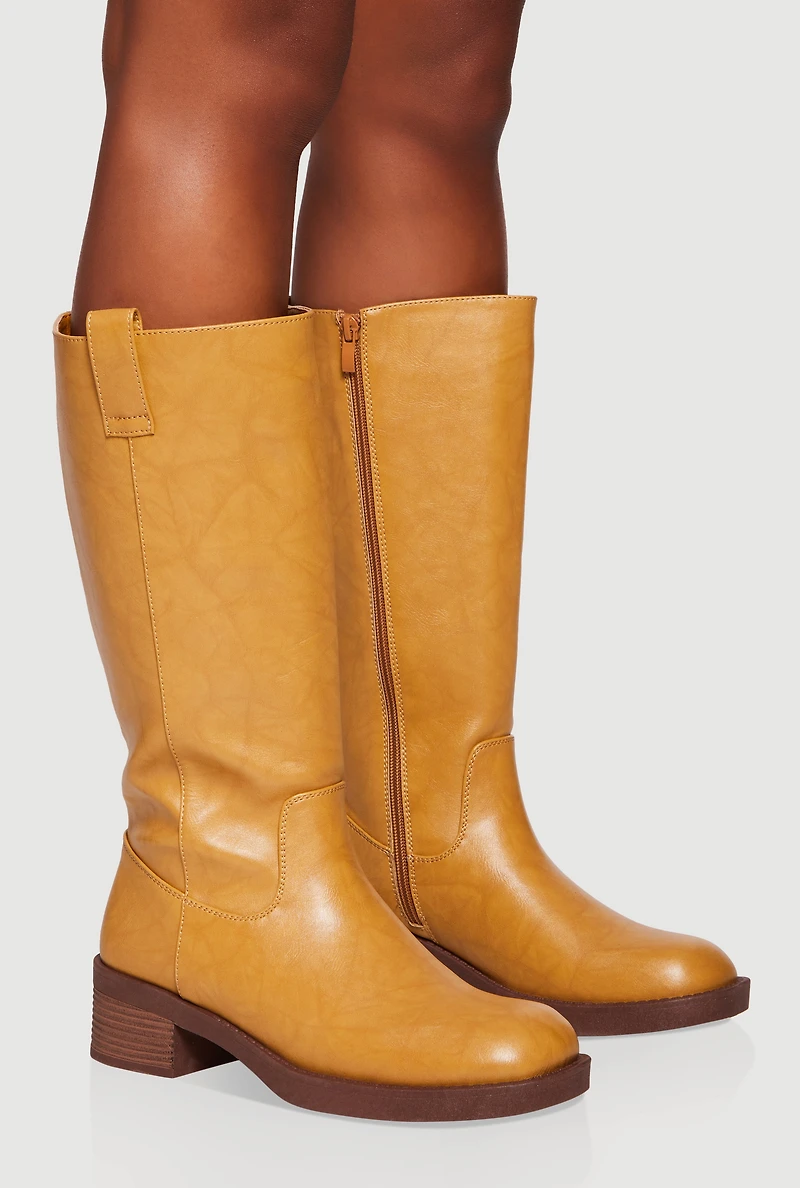 Side Pull Tab Square Toe Block Heel Tall Boots