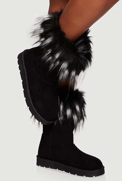 Womens Faux Fur Cuff Round Toe Boots, Black,