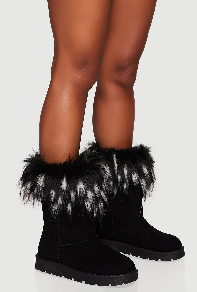 Womens Faux Fur Cuff Round Toe Boots, Black, Size 7.5