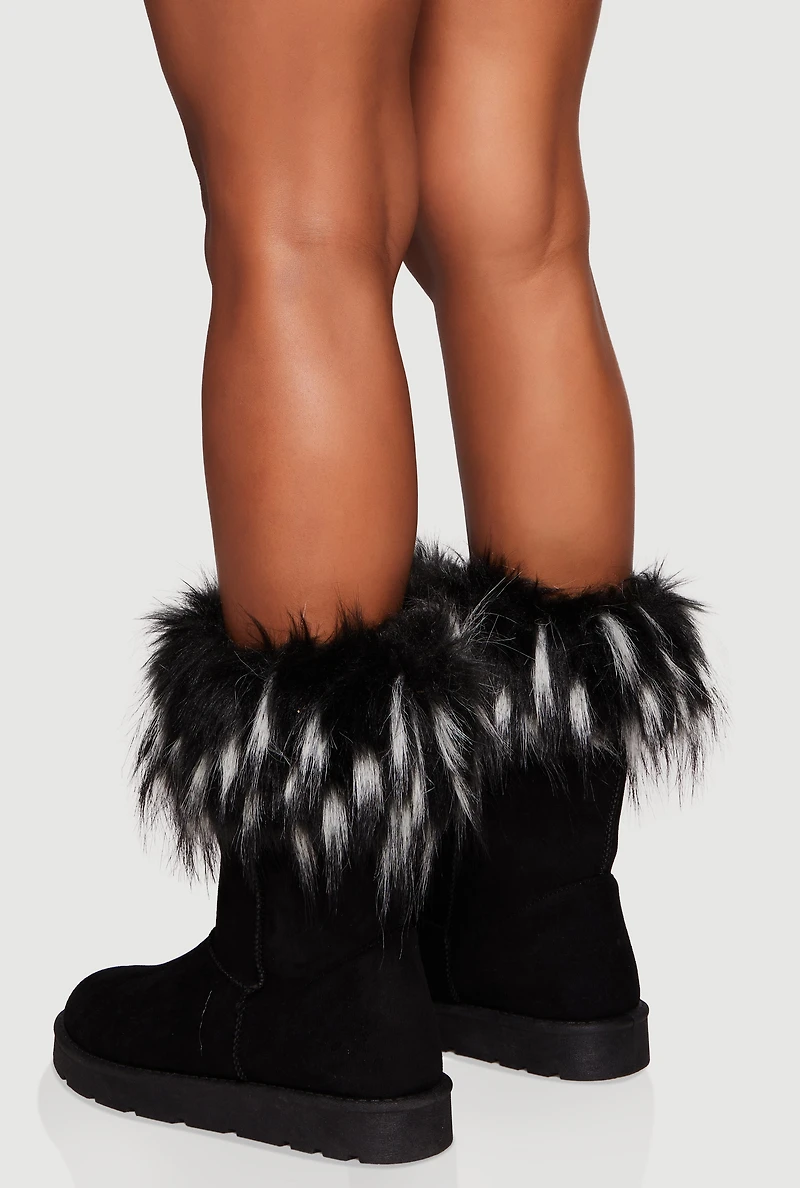 Womens Faux Fur Cuff Round Toe Boots, Black, Size 7.5