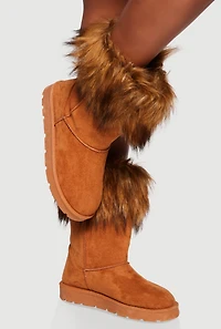 Womens Faux Fur Cuff Round Toe Boots, Brown,