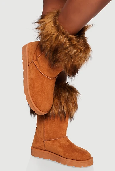 Faux Fur Cuff Round Toe Boots