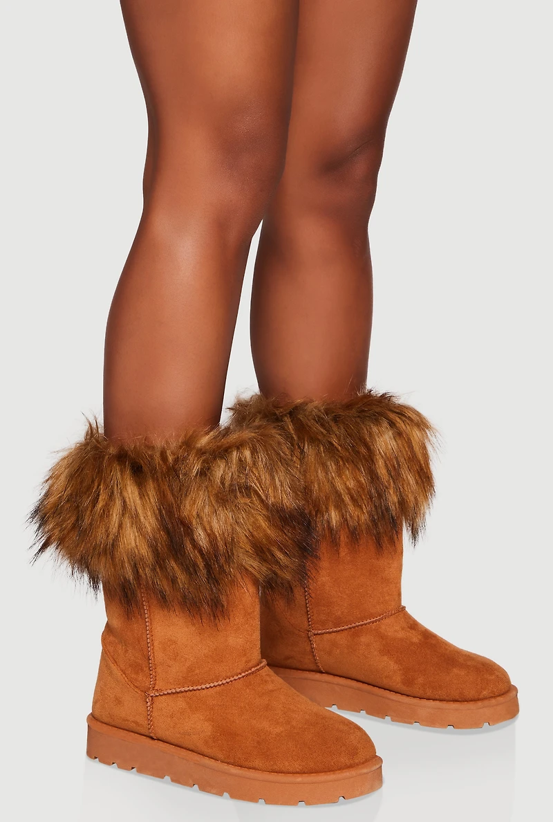 Faux Fur Cuff Round Toe Boots