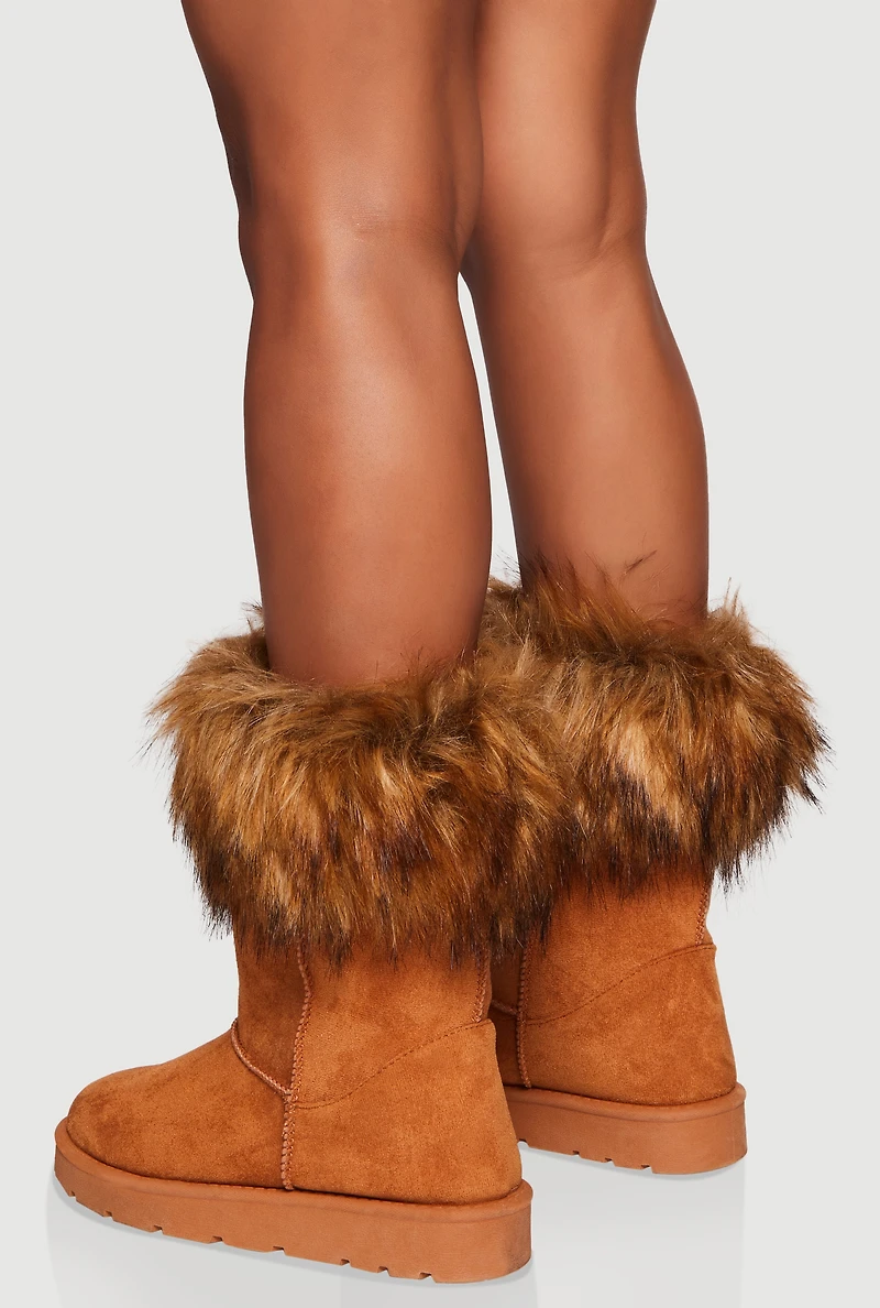 Faux Fur Cuff Round Toe Boots