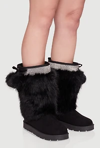 Womens Trendy Faux Fur Lined Faux Suede Pom Pom Detail Booties, Black, Size 5.5