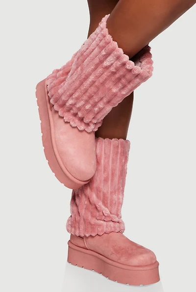 Womens Ribbed Faux Fur Cuff Round Toe Platform Boots, Pink,