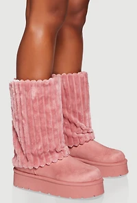 Womens Ribbed Faux Fur Cuff Round Toe Platform Boots, Pink,