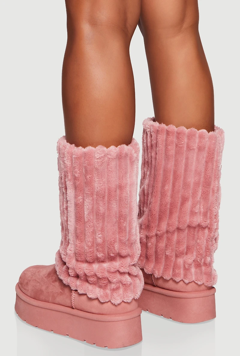 Womens Ribbed Faux Fur Cuff Round Toe Platform Boots, Pink,