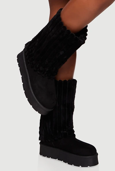 Womens Ribbed Faux Fur Cuff Round Toe Platform Boots,