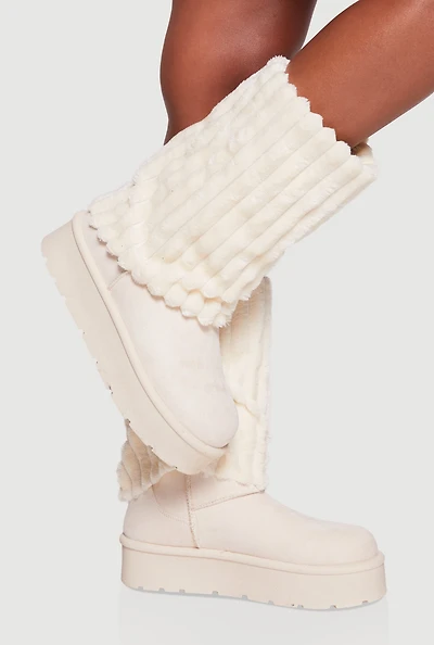 Womens Ribbed Faux Fur Cuff Round Toe Platform Boots,