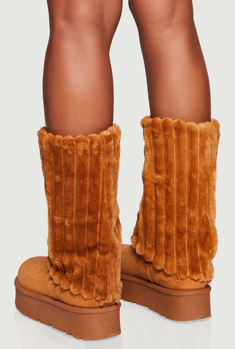 Ribbed Faux Fur Cuff Round Toe Platform Boots
