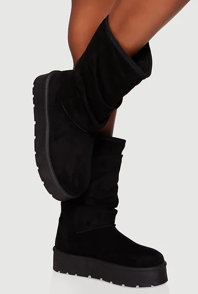 Womens Faux Suede Round Toe Platform Slouch Boots,