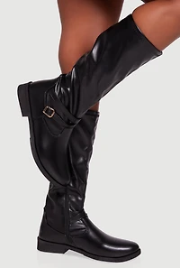 Womens Buckle Strap Detail Almond Toe Block Heel Boots, Black, Size 8.5