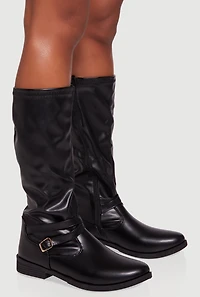 Womens Buckle Strap Detail Almond Toe Block Heel Boots, Black, Size 8.5