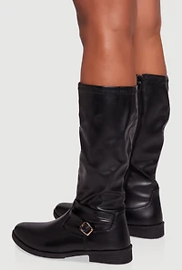 Womens Buckle Strap Detail Almond Toe Block Heel Boots, Black, Size 8.5