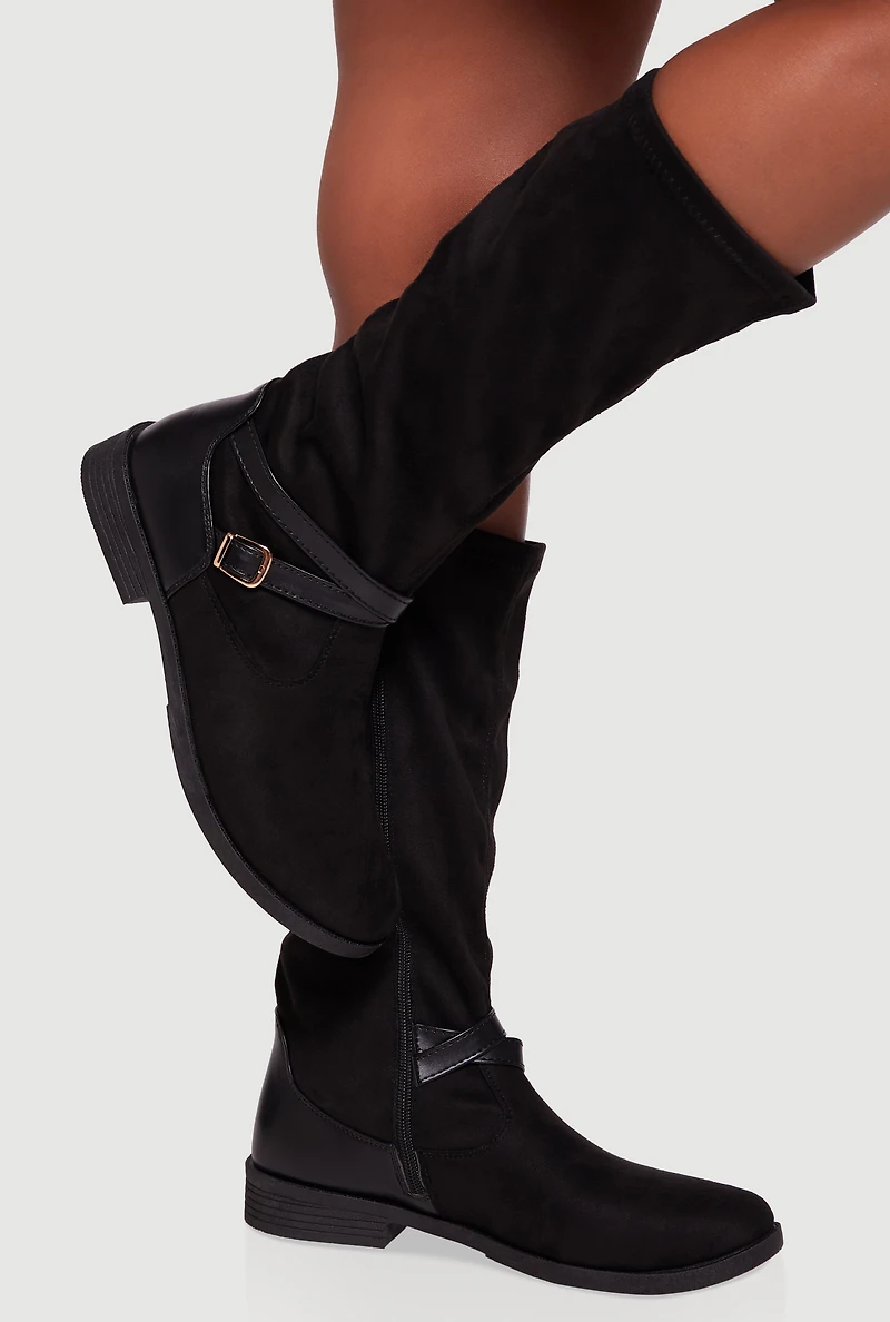 Womens Buckle Strap Detail Almond Toe Block Heel Boots, Black,