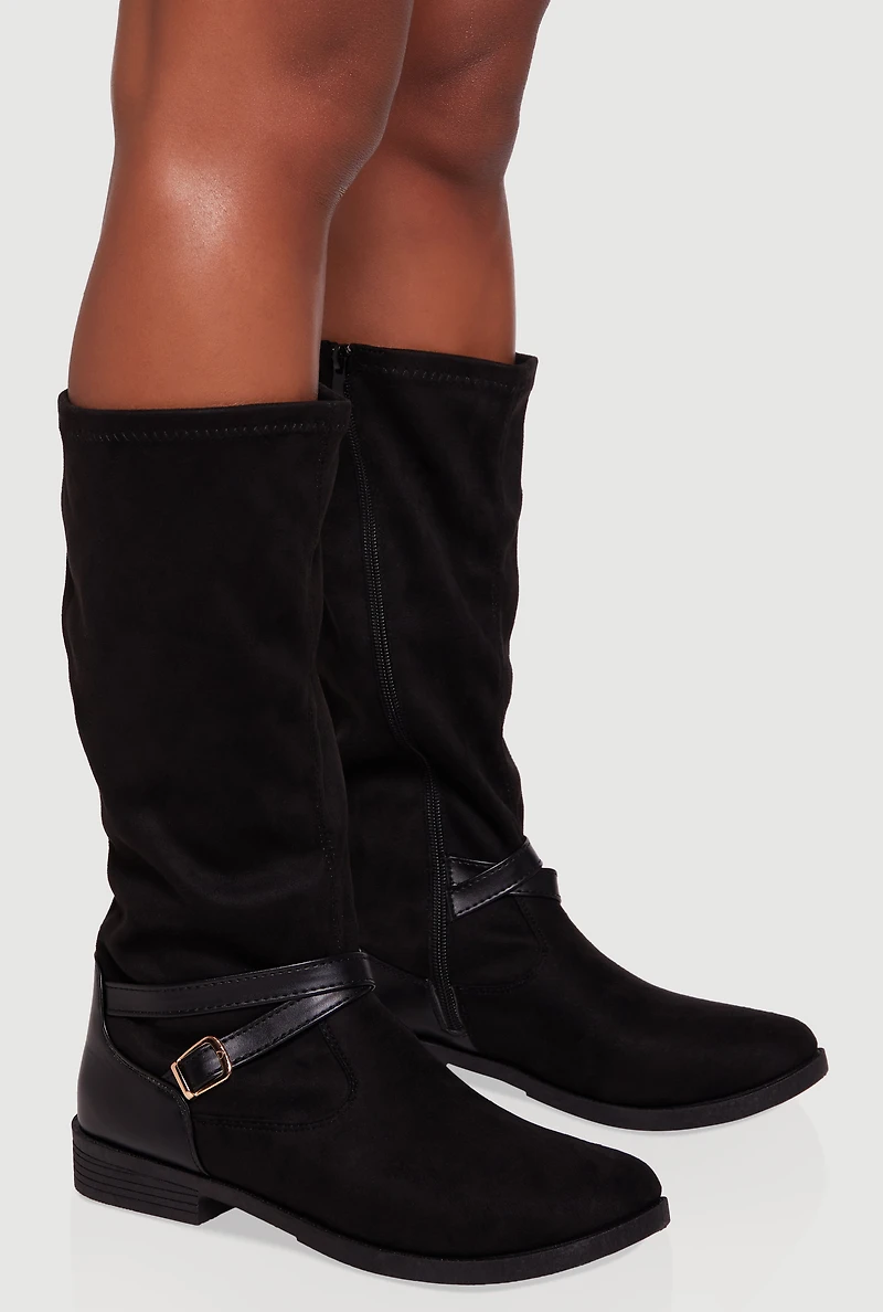 Womens Buckle Strap Detail Almond Toe Block Heel Boots, Black,