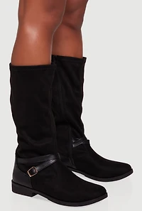 Womens Buckle Strap Detail Almond Toe Block Heel Boots, Black,