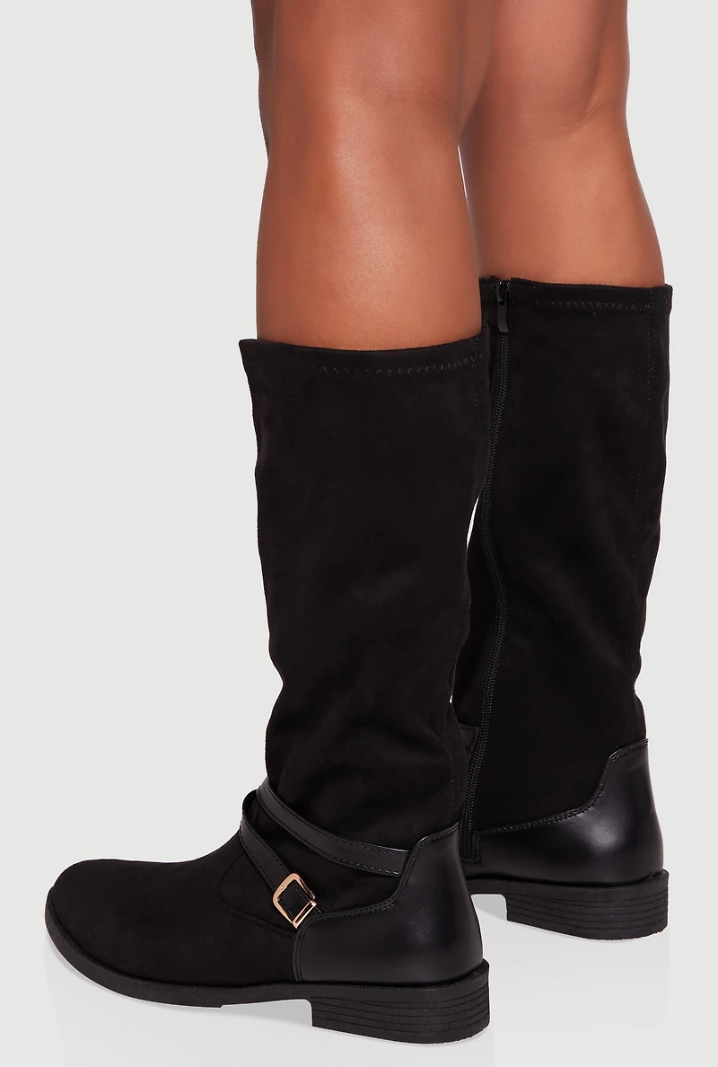 Womens Buckle Strap Detail Almond Toe Block Heel Boots, Black,